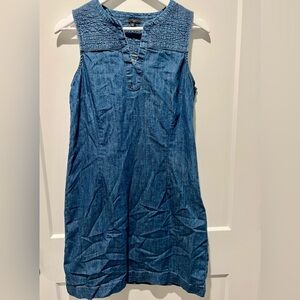 Talbots denim shift dress with split neck and smocked detail at the neckline 8P